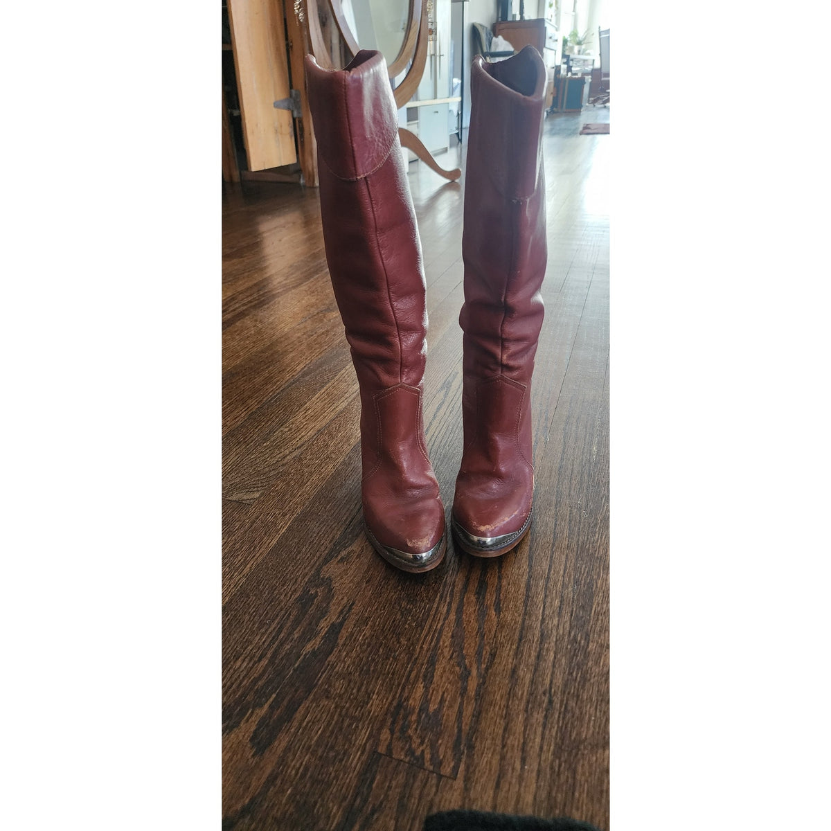 Vintage 1970s Knee Boots Brown Leather High Heels Circle S Size 7 Boho Style
