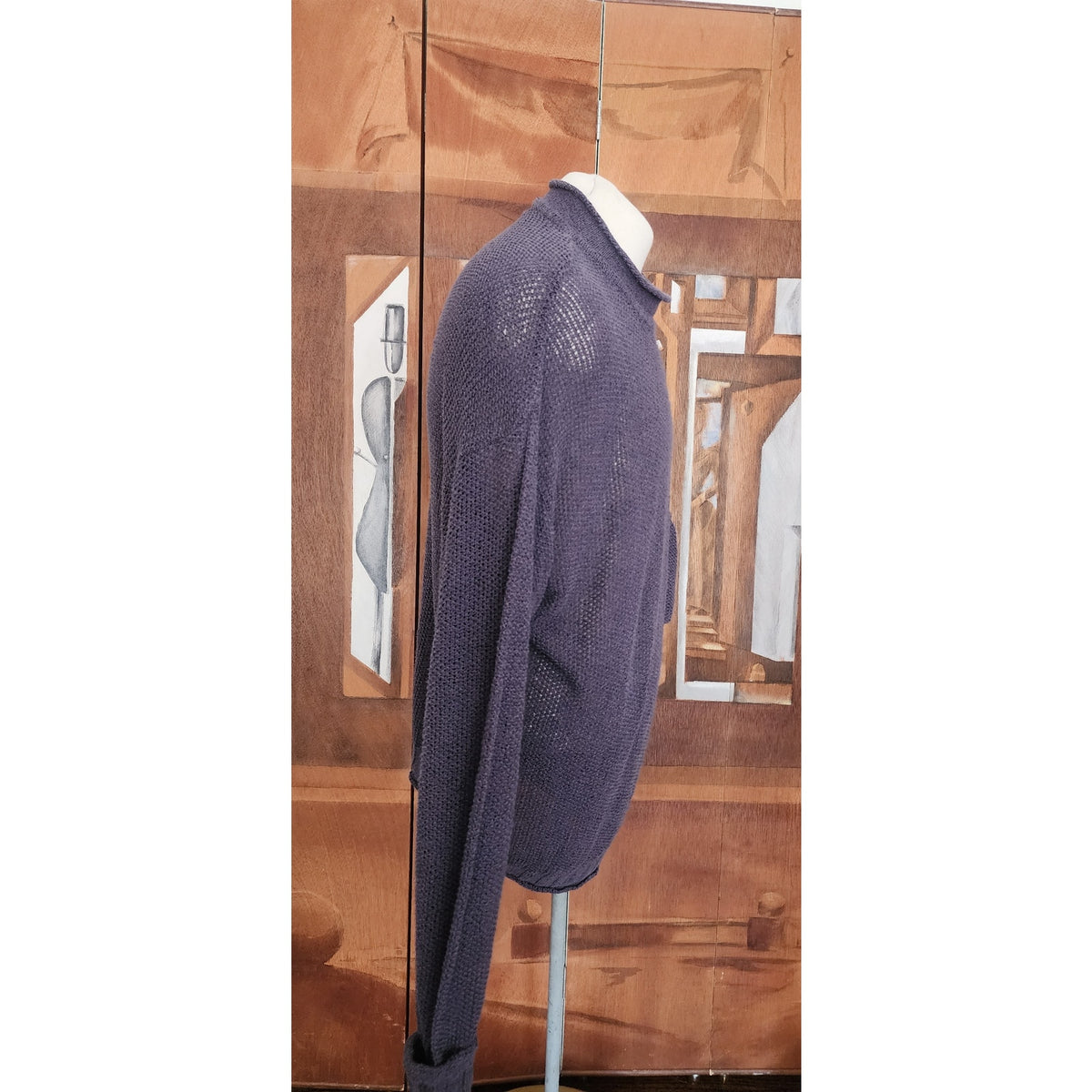 Vintage 1990s Rykiel Homme Mens Sweater Purple Sheer Mesh Open Weave Mock Neck Knit Oversized