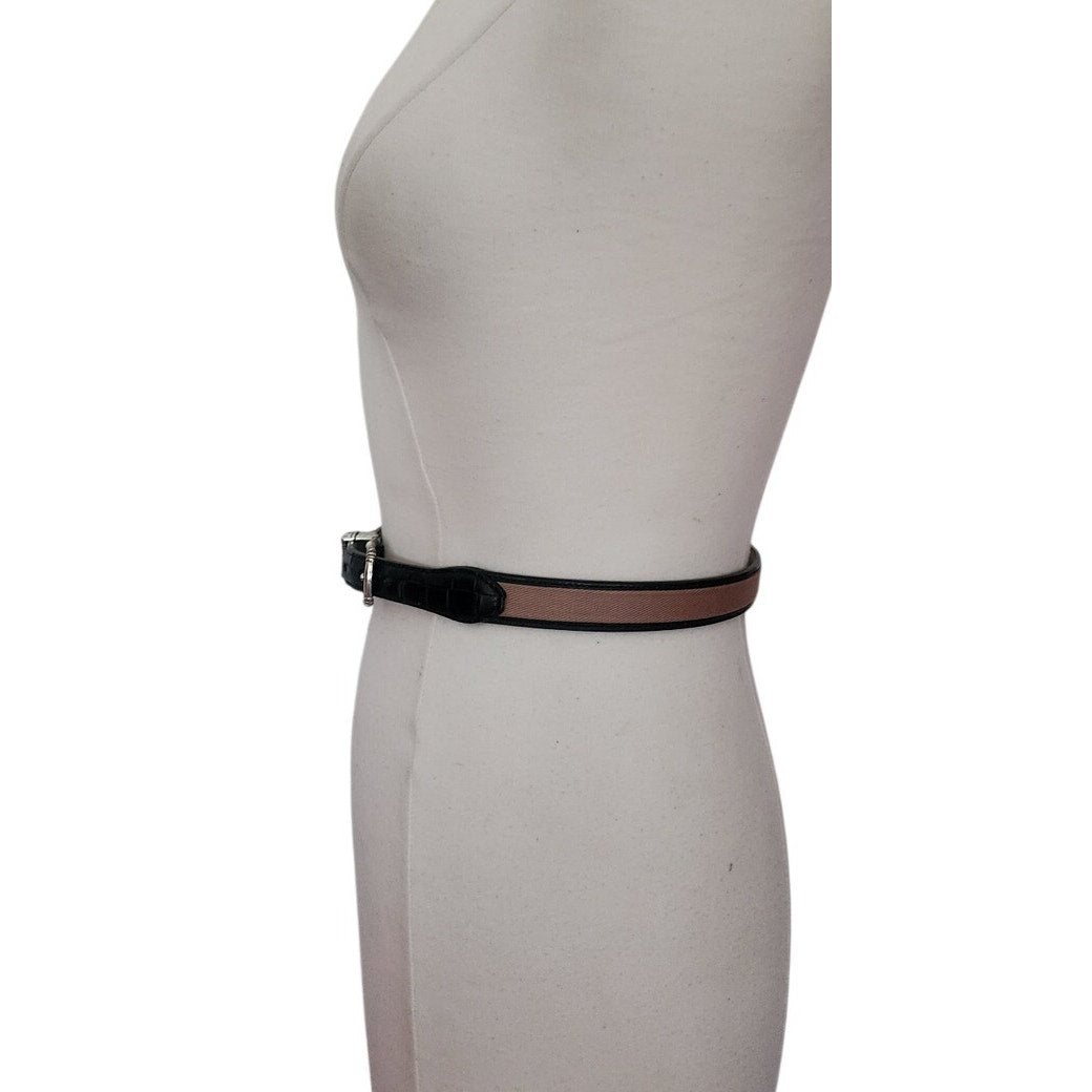 Vintage 1990s Brighton Leather Belt Black Leahter Beige Canvas Silver Buckle 28