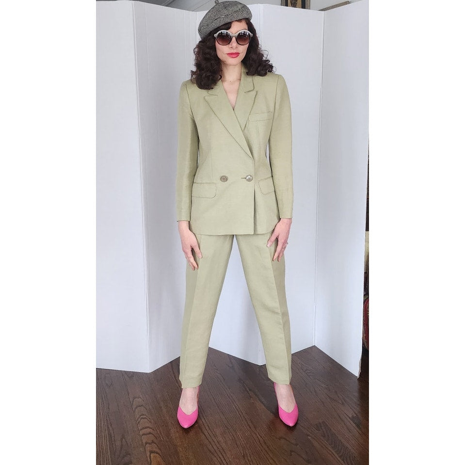 Vintage 80s Designer Pant Suit Pale Green Linen Collectible Gold Giorgio Sant Angelo