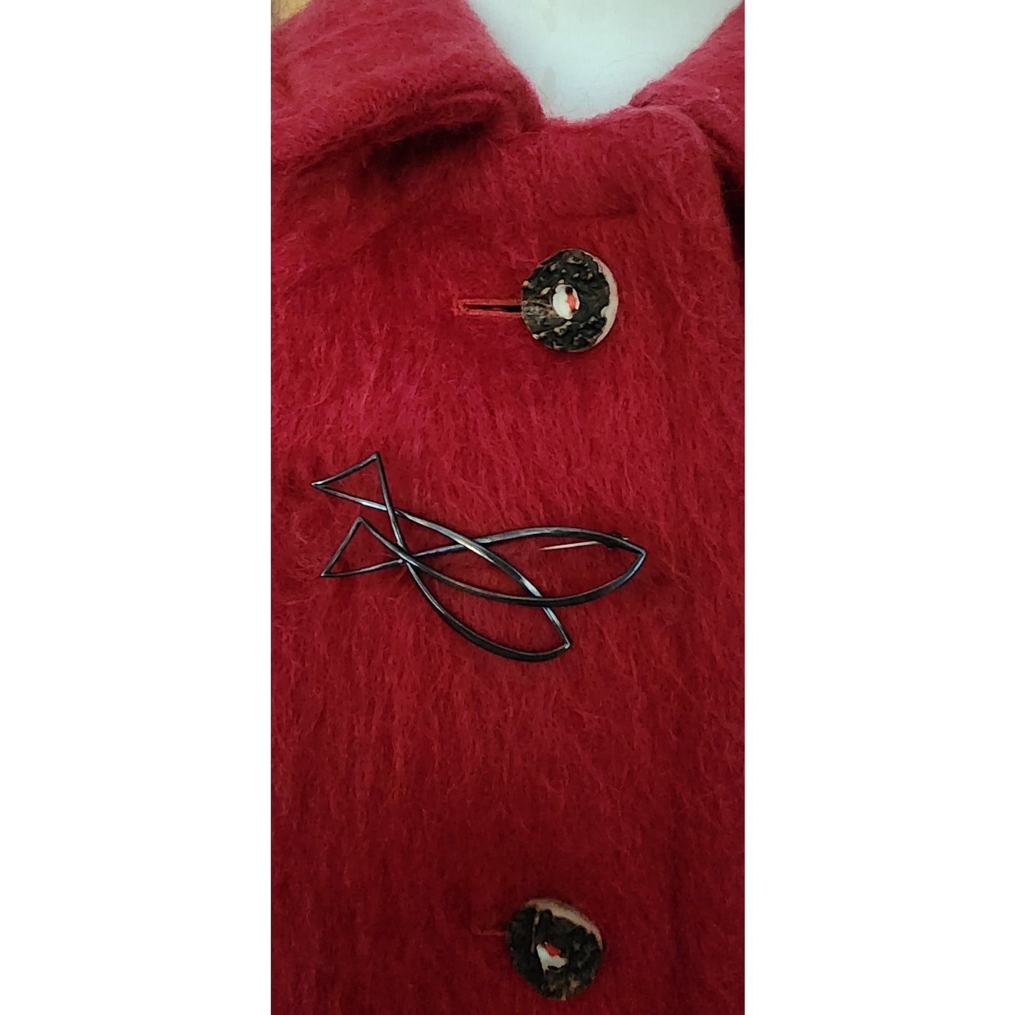 Vintage 1960s Loden Plankl Red Wool Coat Austrian Trachten Alpine Silver Fish Pin