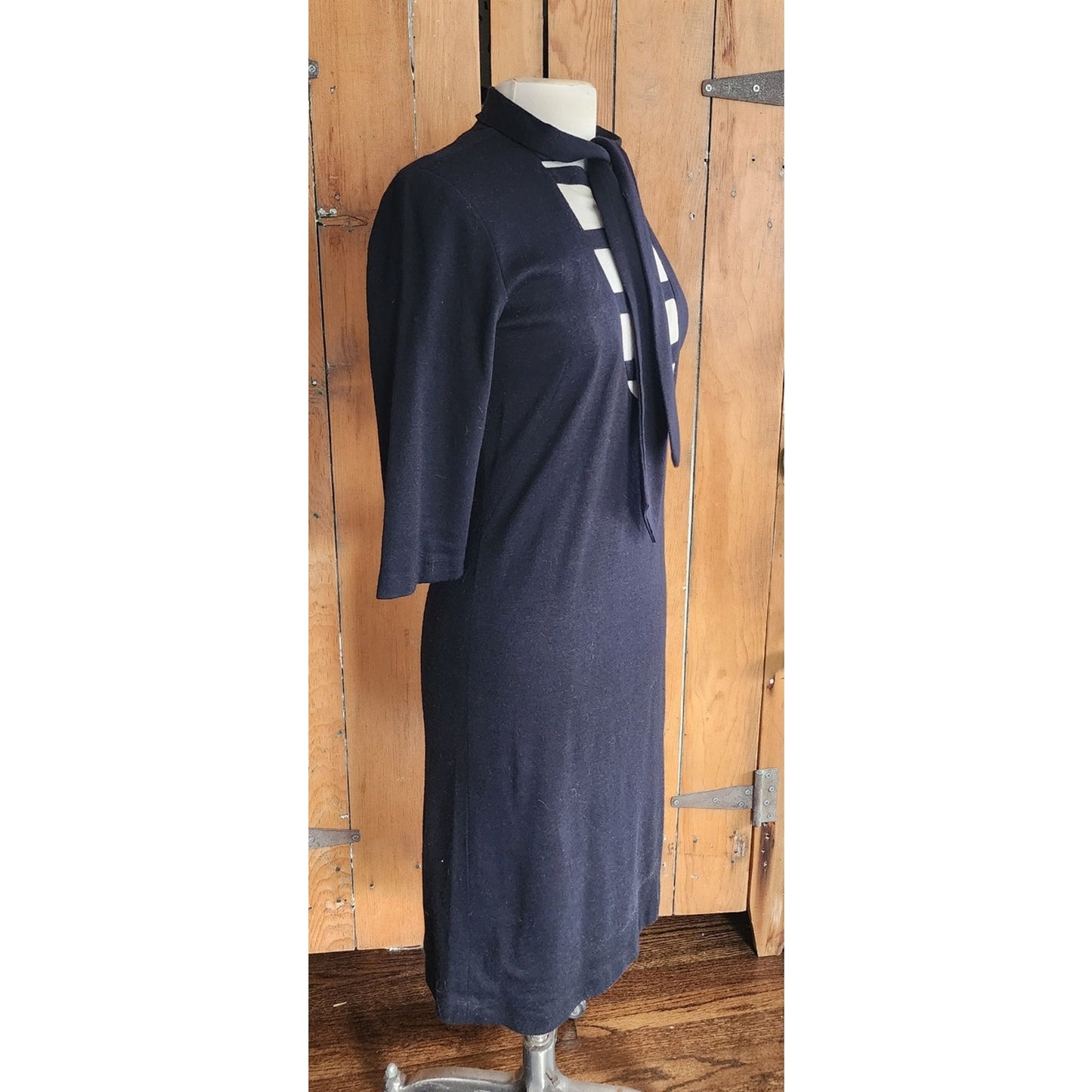 Vintage 1960s Mod Dress Black White Stripe Ascot Tie  Stretchy / Medium