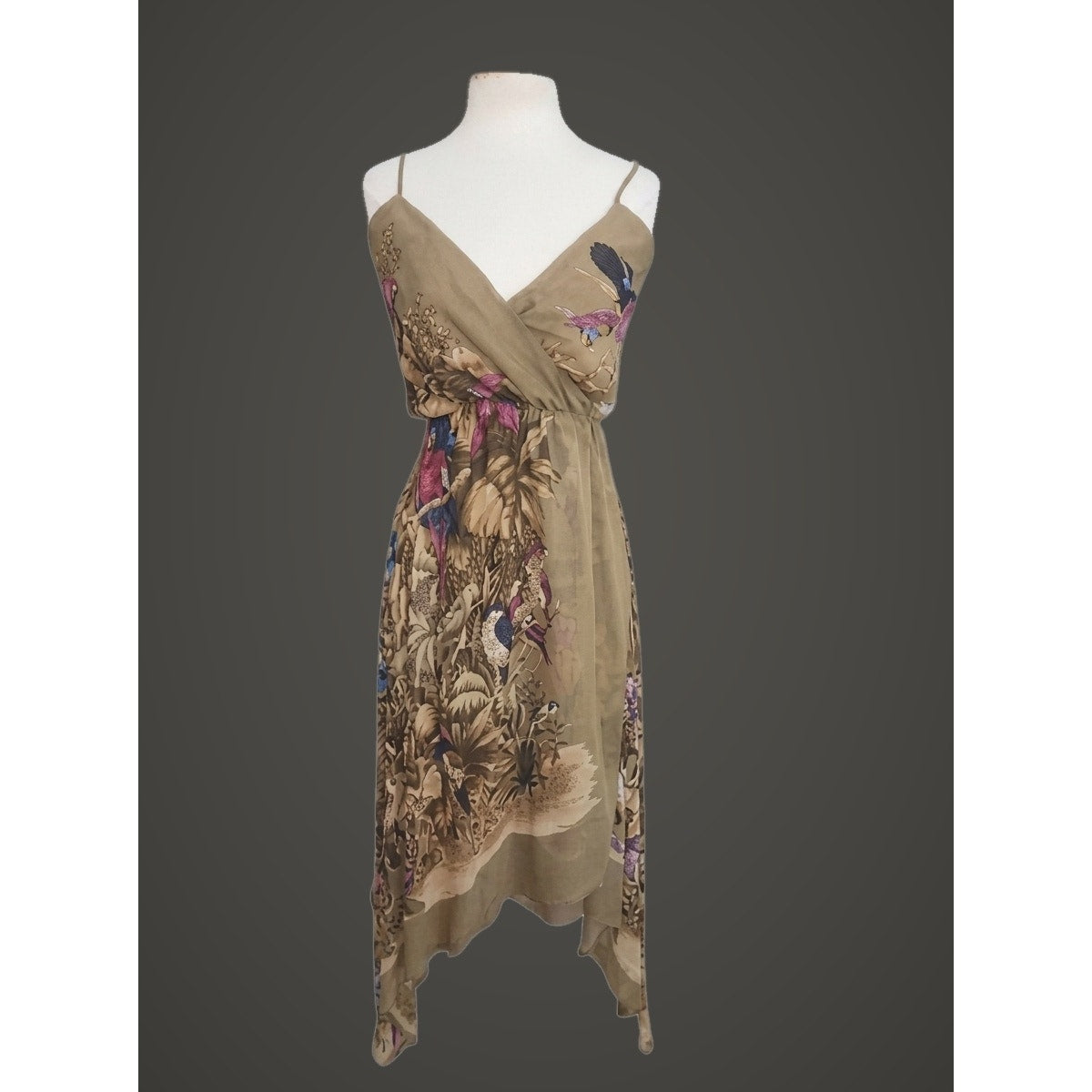 Vintage Vintage 1970s Gianni Versace Dress Silk Parrot Print Handkerchief Hem Slip Style Small