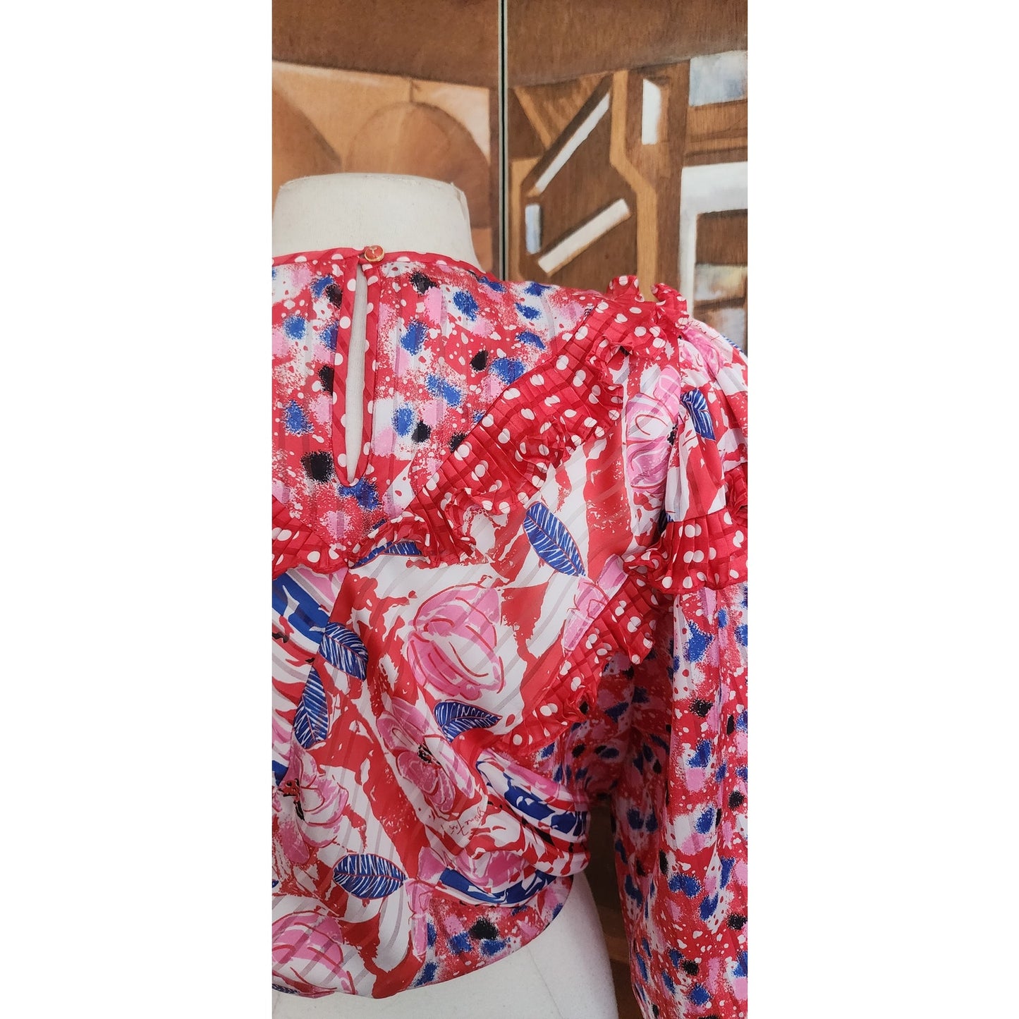 Vintage 80s Diane Freis Blouse Bold Print Poly Georgette Ruffles Pink Red