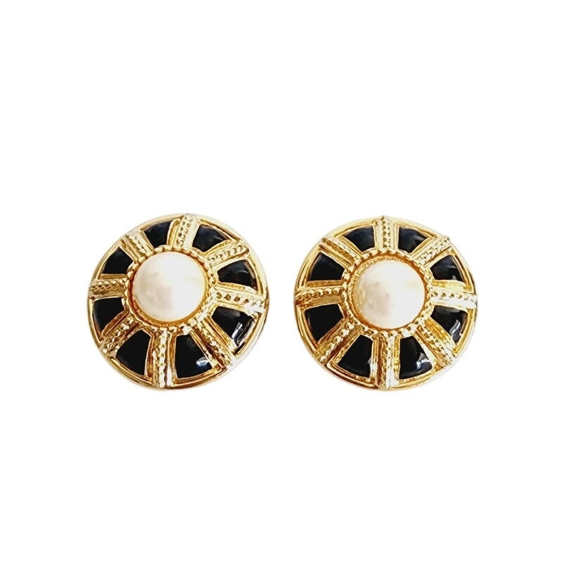 Vintage St John Earrings Clips Gold Pearl Black Enamel Button Style