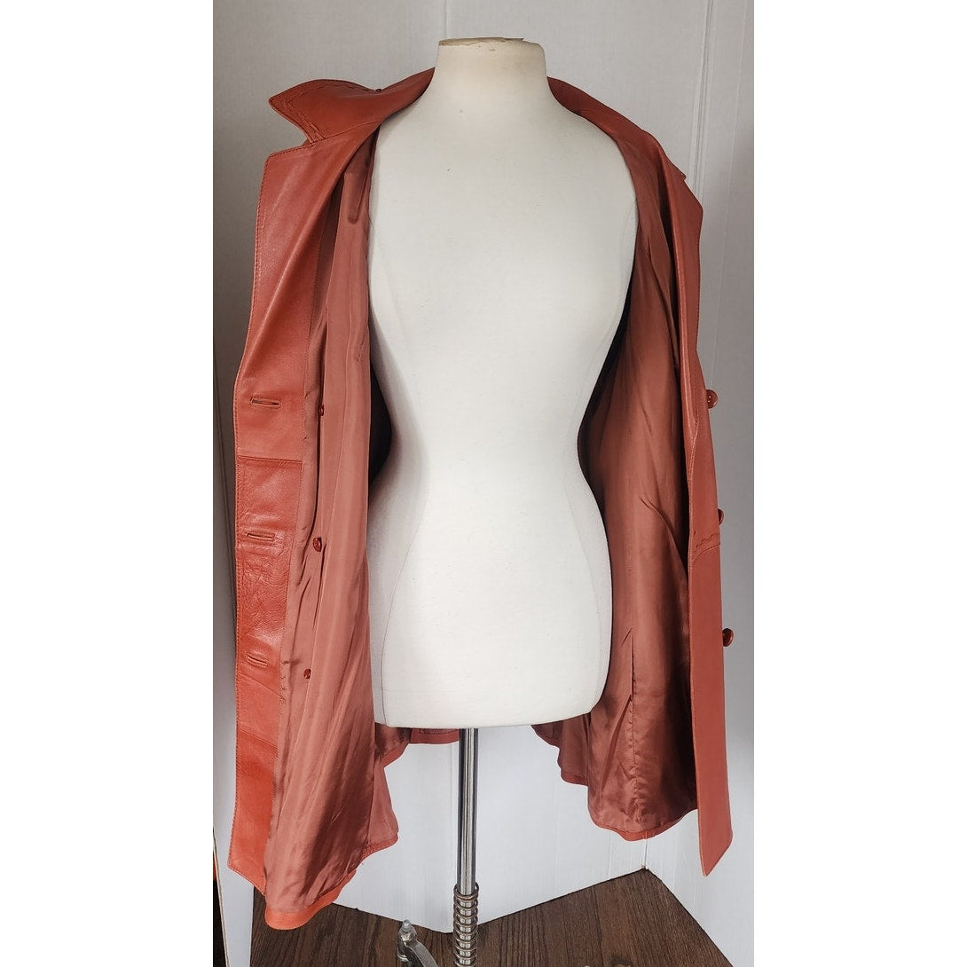 Vintage 70s Brown Leather Coat Hip Length Double Breasted / L