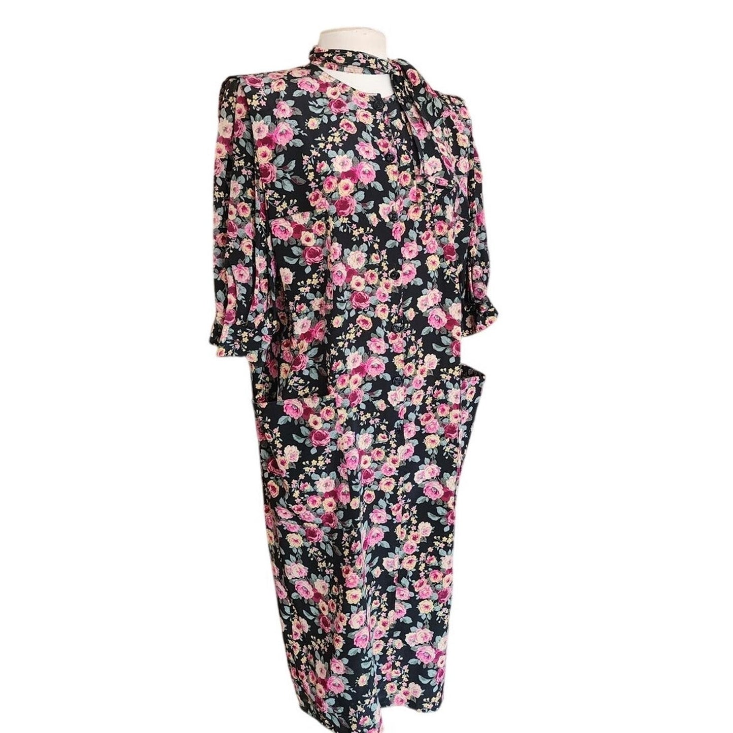 Vintage 1980s Ungaro Dress Silk Floral Rose Print Tie Neck Button Front Pockets