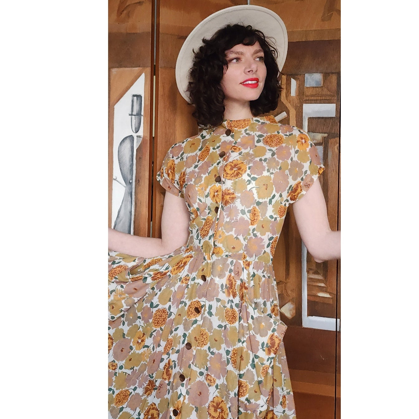 Vintage 40s Floral Print Short Sleeve Button Front Cotton Midi Day Dress w/Pockets Circle Skirt