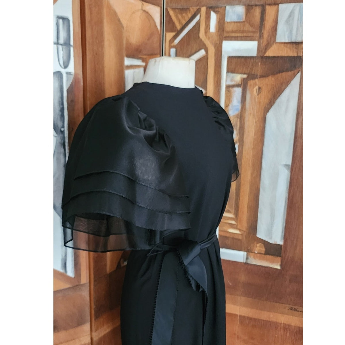 Vintage 1980s Bill Blass Party Dress Black Organza Puffy Sleeve Belted Medium