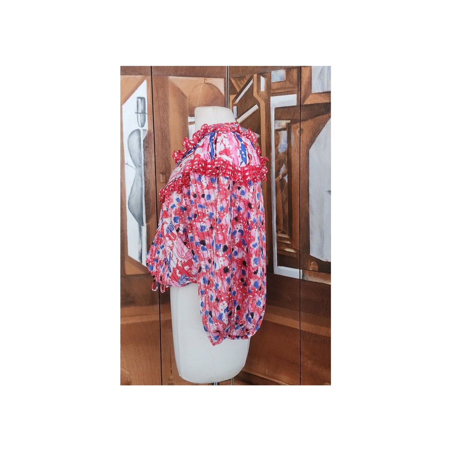 Vintage 80s Diane Freis Blouse Bold Print Poly Georgette Ruffles Pink Red