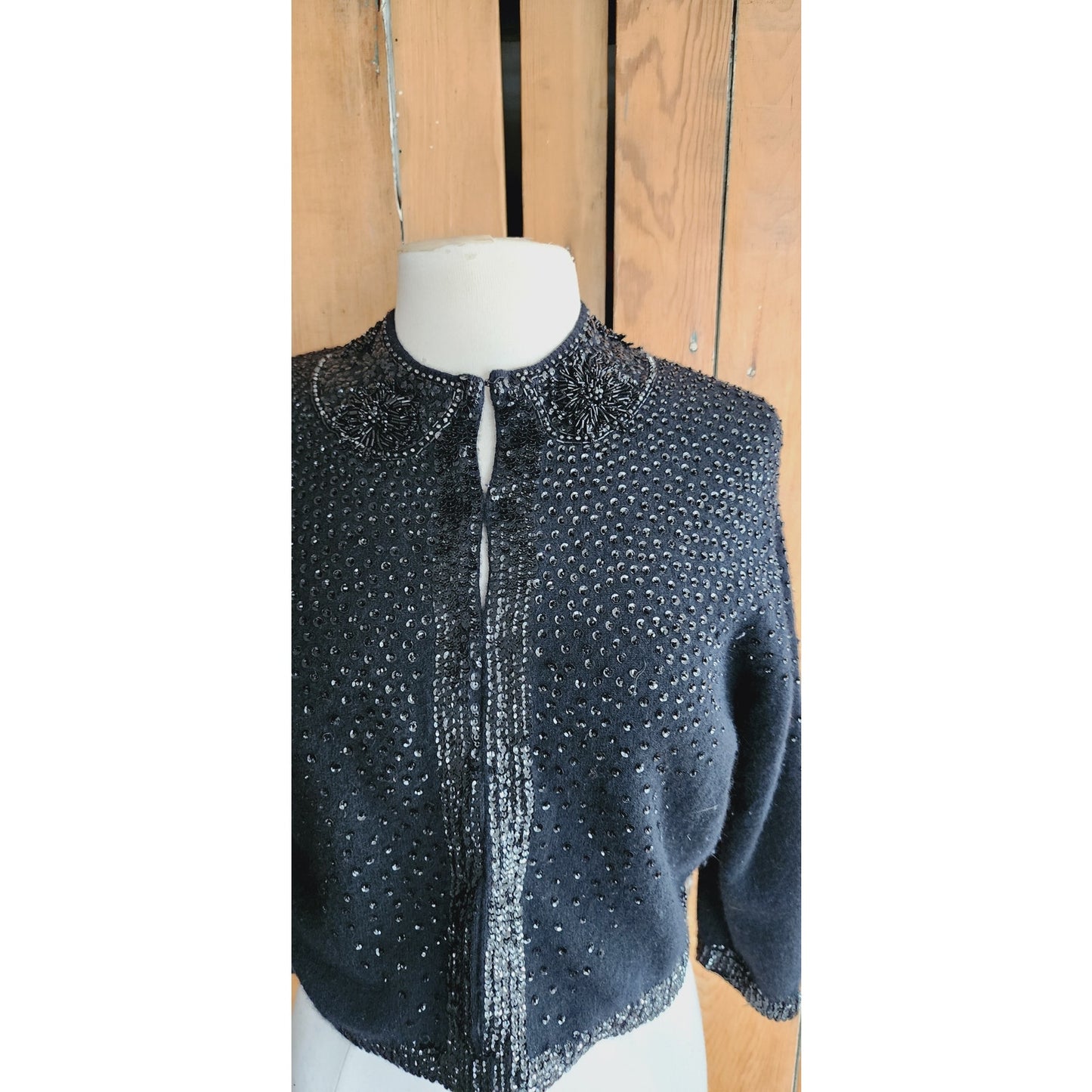 Vintage 50s Beaded Cardigan Black Angora Wool