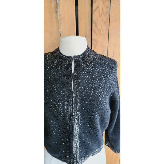 Vintage 50s Beaded Cardigan Black Angora Wool