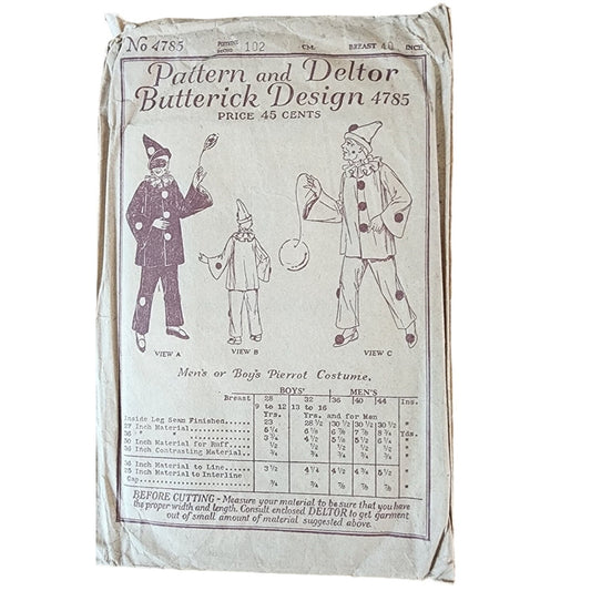 Vintage 30s Sewing Pattern ORIGINAL: Mens Boys Pierrot Clown Costume Butterick 4785