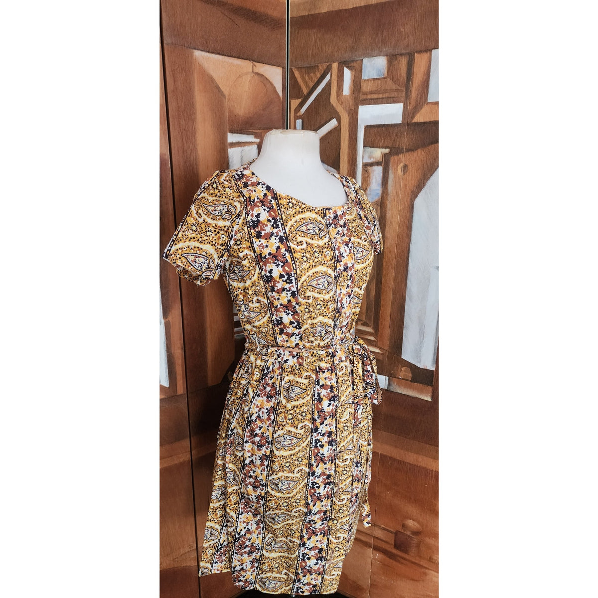 Vintage 1950s Day Dress Yellow Cotton Print Paisley Shirtdress Short Sleeve / M