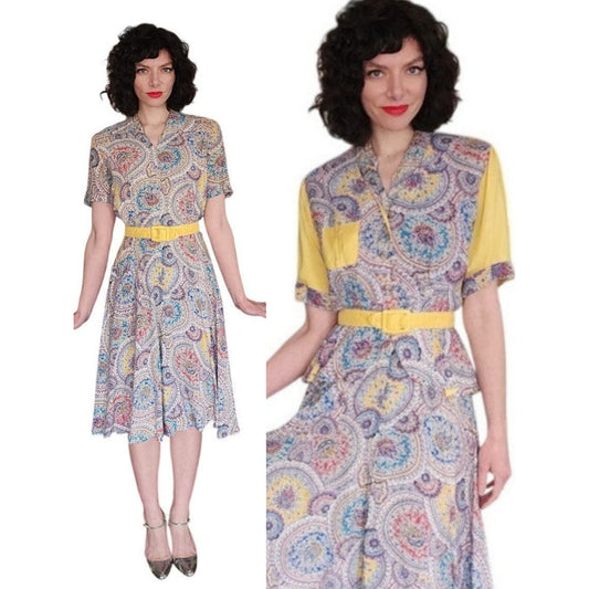 40s Saybury Paisley Rayon 2 Pc Dress &amp; Jacket Set with Yellow Sleeves &amp; Belt