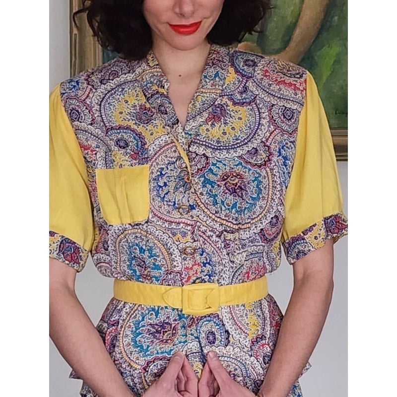 40s Saybury Paisley Rayon 2 Pc Dress &amp; Jacket Set with Yellow Sleeves &amp; Belt