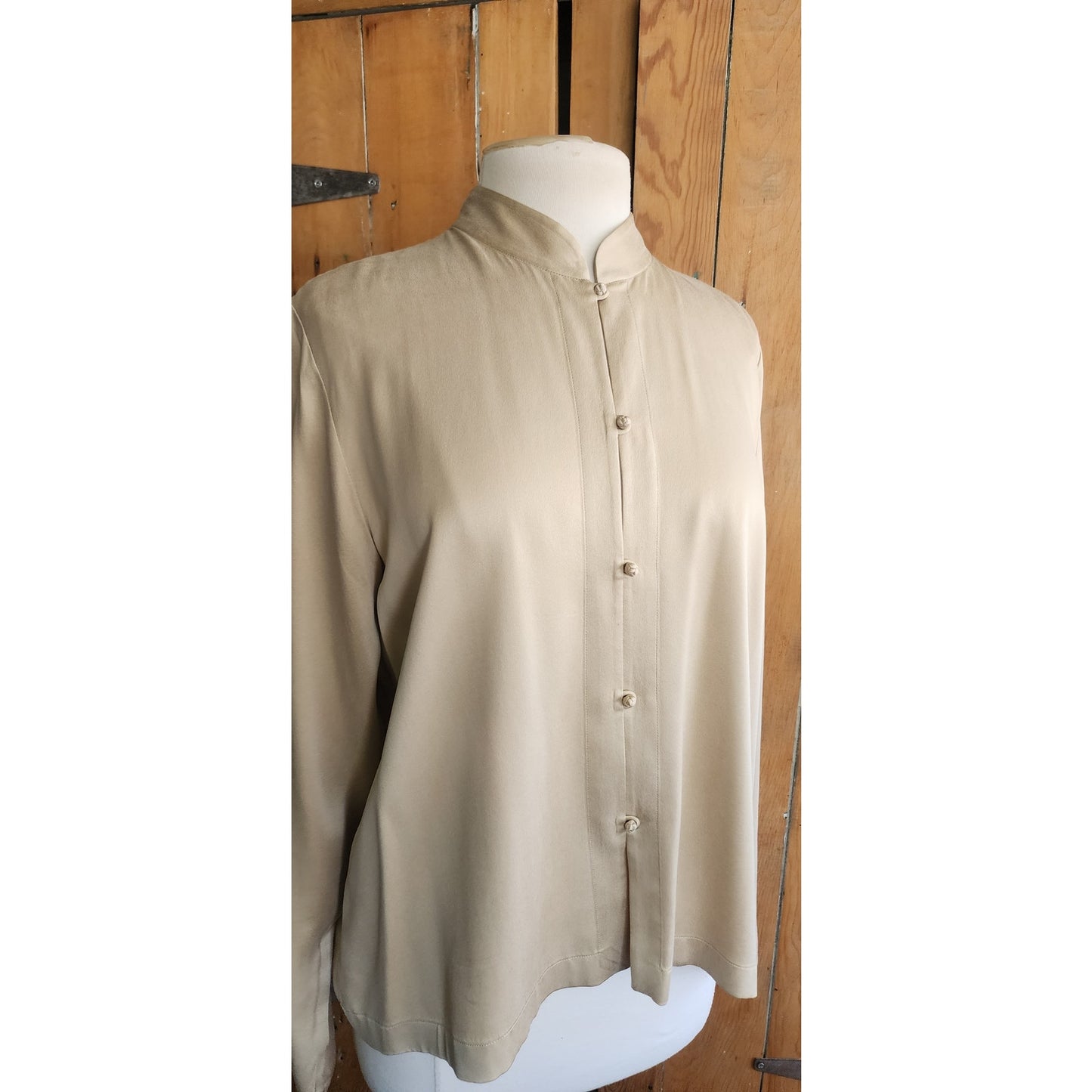 Vintage 90s Eileen Fisher Blouse Beige Silk Long Sleeves