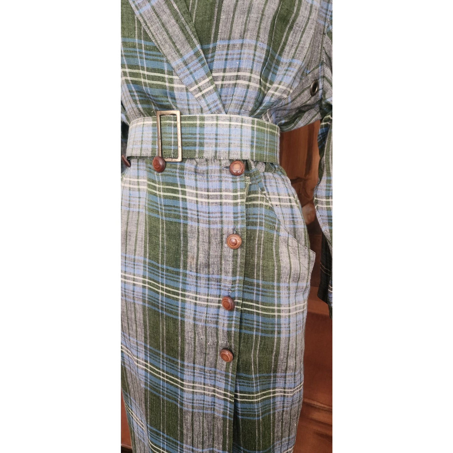 Vintage 1980s Thierry Mugler Dress Plaid Linen w/ Fringe Wrap Style Midi