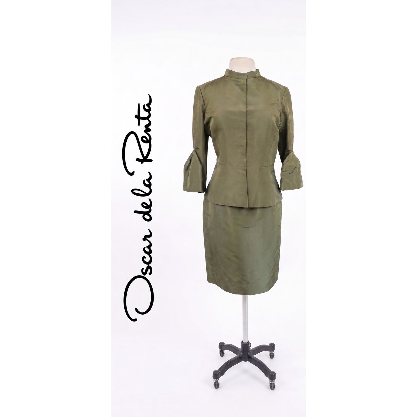 Oscar de la Renta Skirt Suit SS 2008 Green Silk Taffeta Peplum Blazer Bell Cuffs