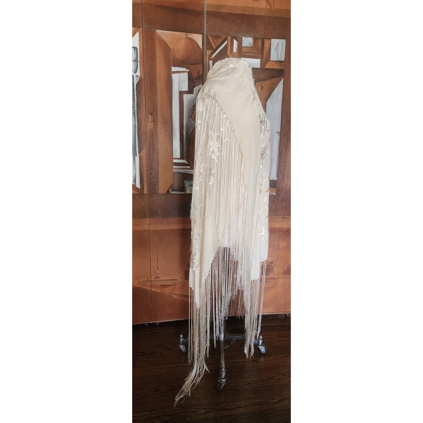 Vintage 1920s Piano Shawl Ivory Silk Embroidered Long Macrame Fringe Manila Evening Wrap