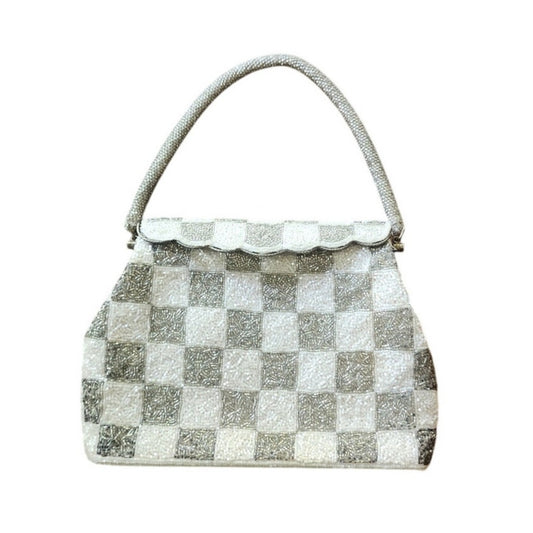 Vintage 50s Beaded Evening Bag White Silver Bead Checkerboard Hong Kong