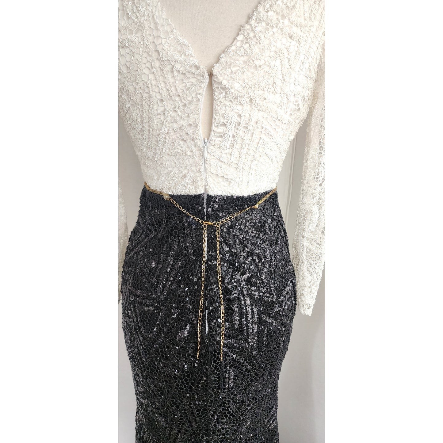 Vintage Evening Gown White Black Sequins Gold Leaf Belt w/Rhinestones