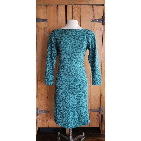 Vintage 80s Teal Blue Dress Black Floral Print, Keyhole Back Regina Kravitz