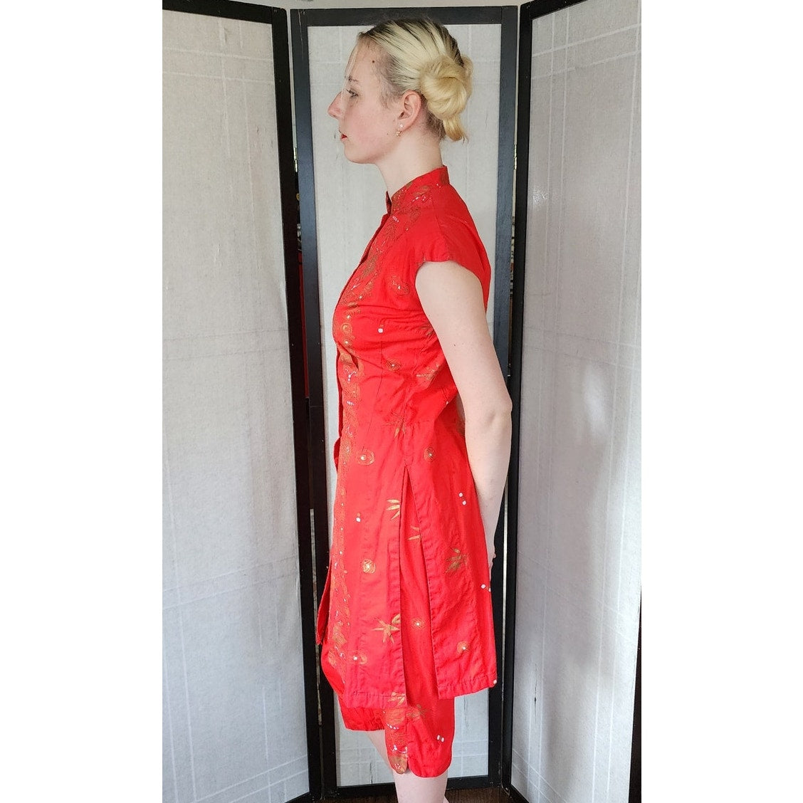 50s Tiki Play Suit Red Cotton Print Tunic + Top by Nani of Hawaii