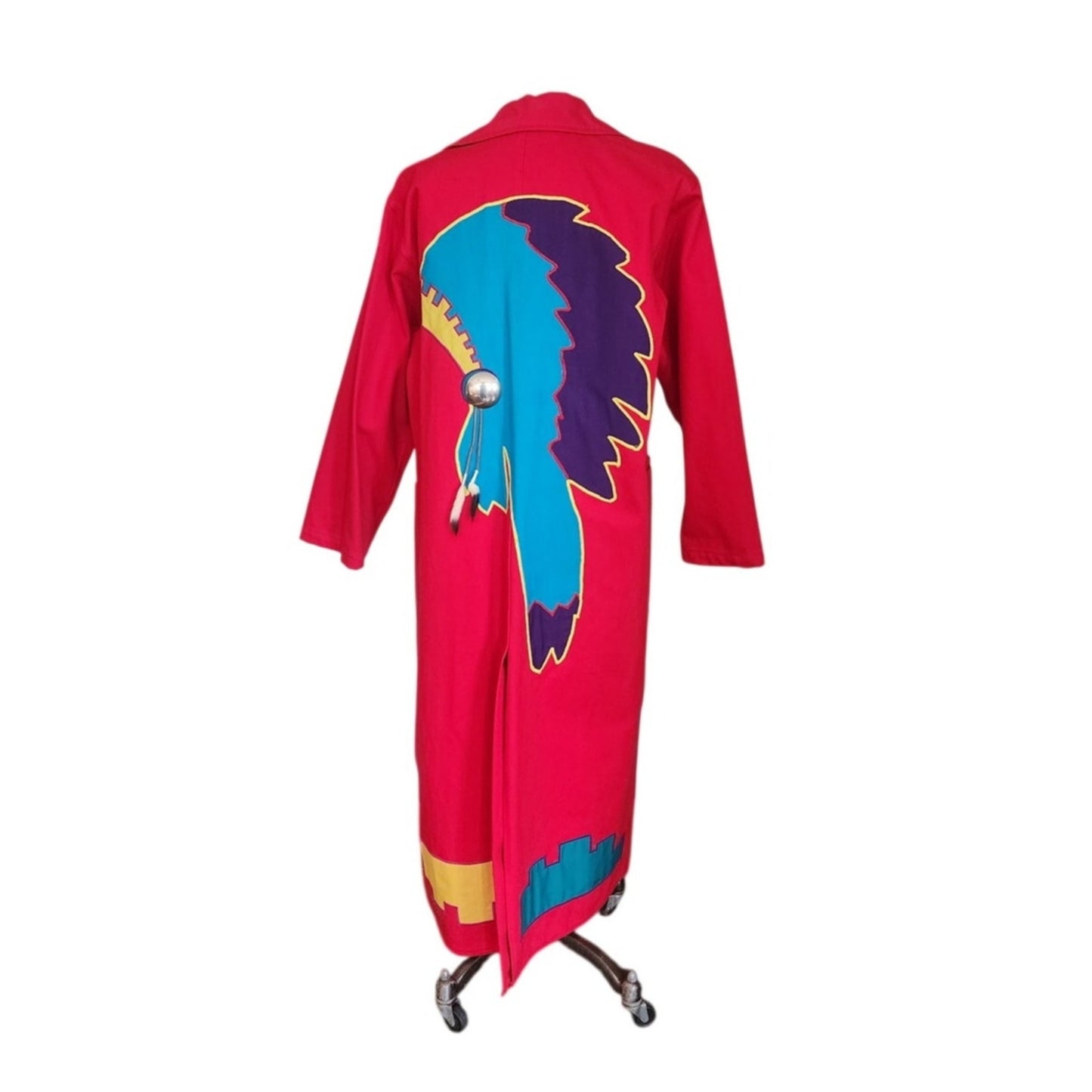 Vintage 80s Southwestern Coat Red Cotton Canvas Handpainted Indian Headdress Native American