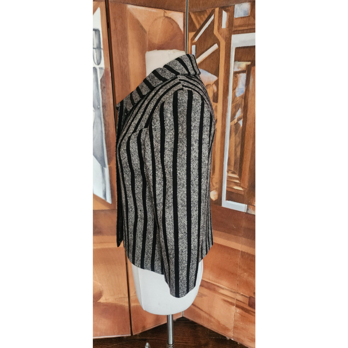 Vintage 60s SYBIL CONNOLLY Mod Cropped Blazer Gray Wool Tweed Black Stripes Large Collar