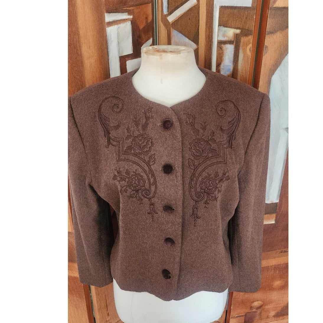 Vintage 1980s Herman Geist Blazer Embroidered Brown wool.
