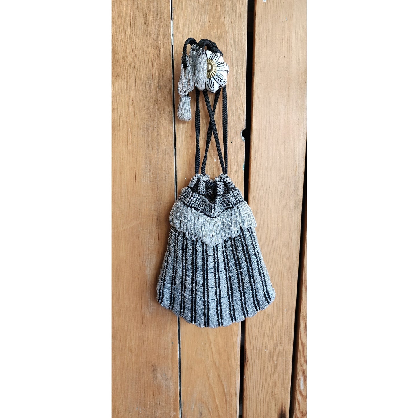 Vintage 20s Beaded Evening Bag Black Silk Pouch Flapper Purse