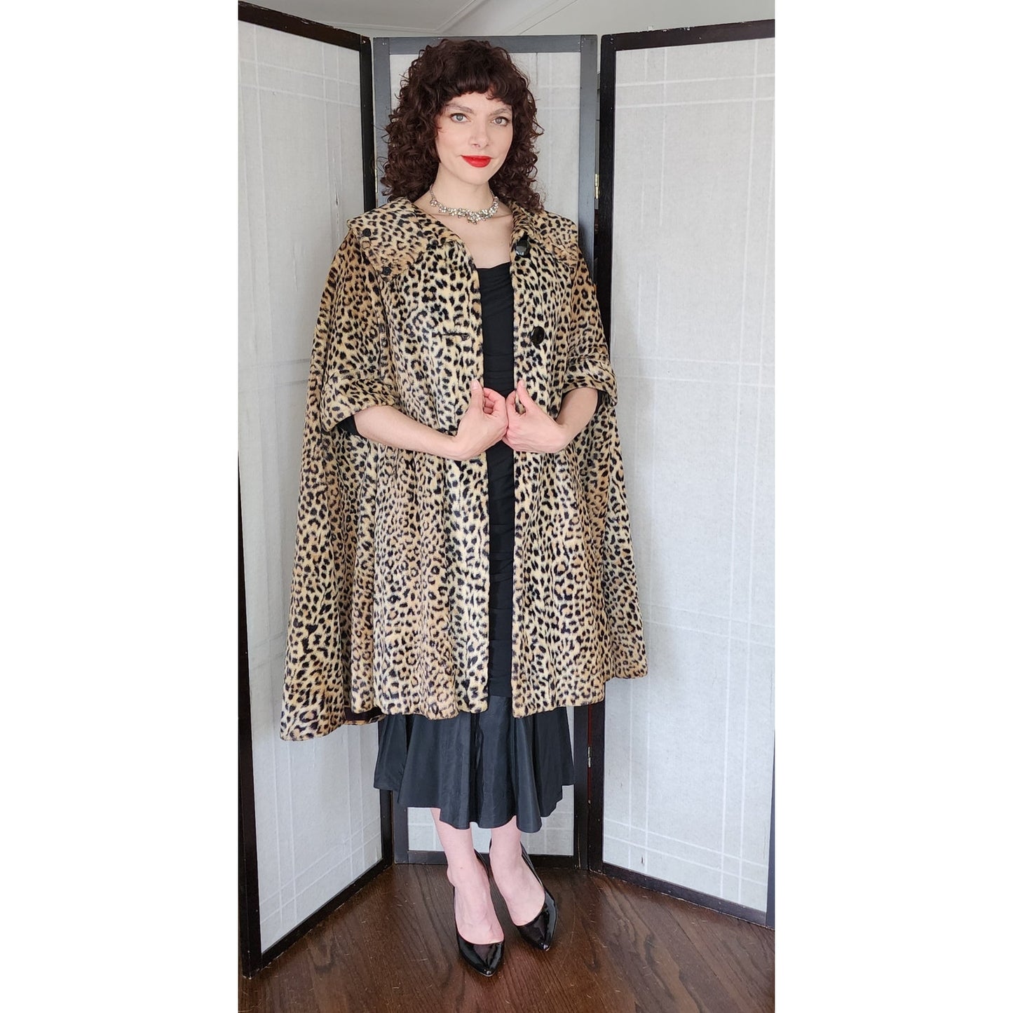 Vintage 60s Animal Print Cape Leopard Faux Fur Cloak Poncho Swing Style Coat