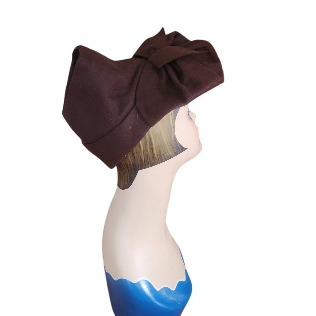 Vintage 1940s Brown Hat Tall Sculpted Tilt w/Front Bow Lecie Studio