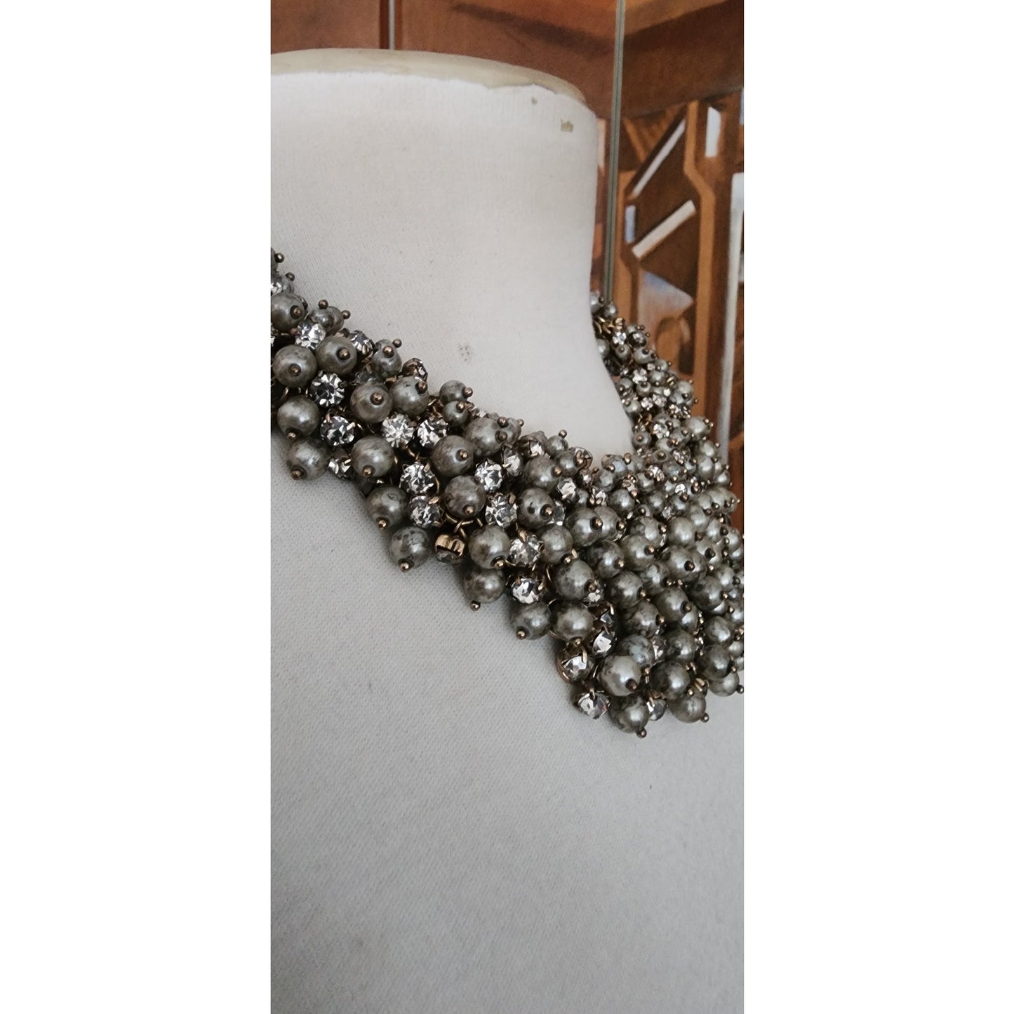 Vintage 2000s Weekend Max Mara Bib Necklace Metallic Cluster Choker Faux Pearl Crystal Cluster