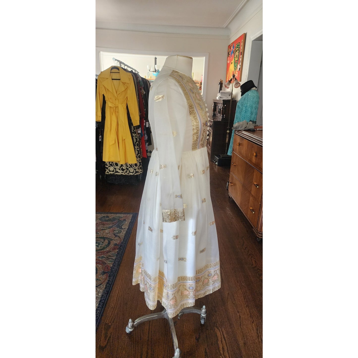 Vintage 70s Boho Party Dress Gold Lurex White Organza Chuck Howard