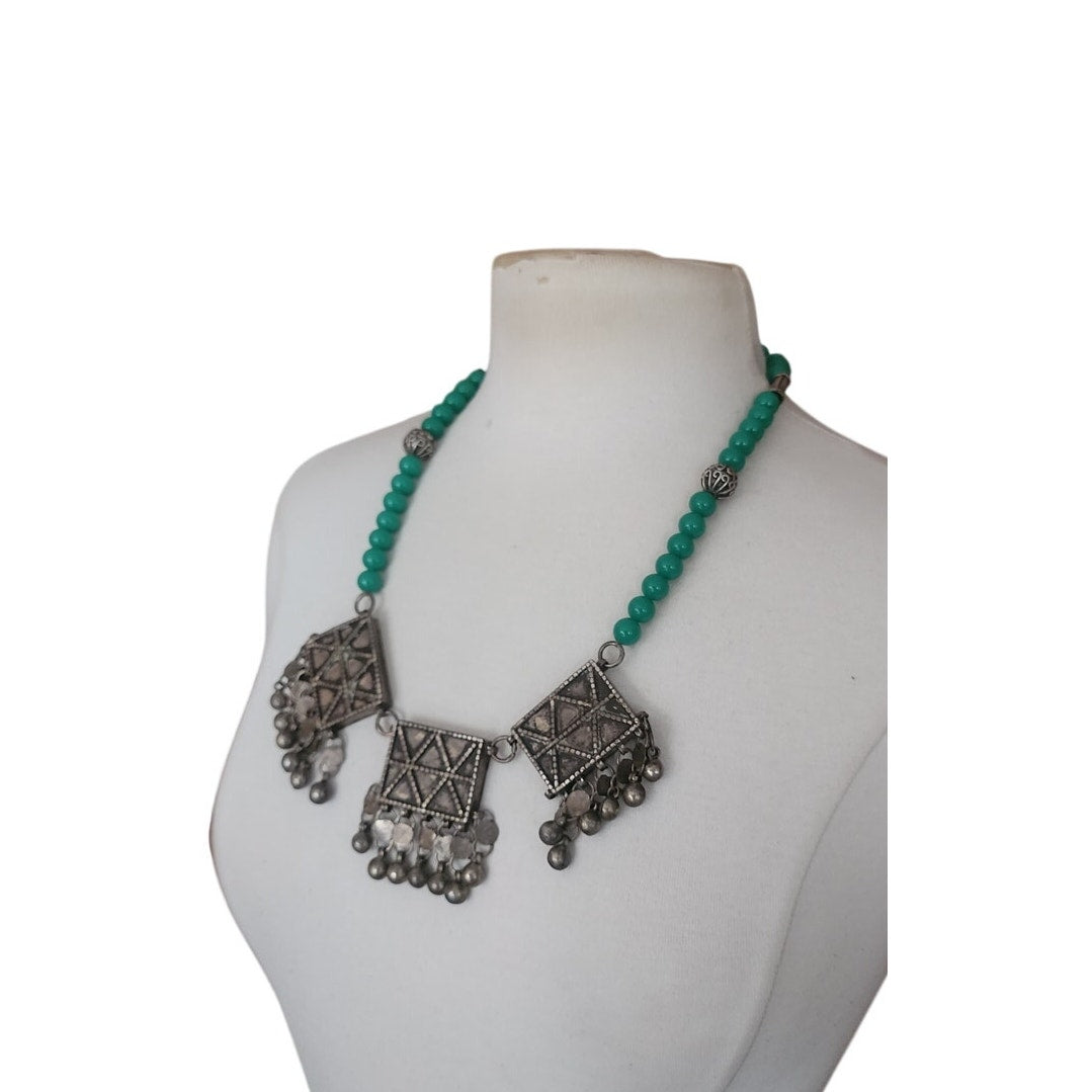 Vintage Tibetan Nepali Bib Necklace Dyed Agate Blue Beads Sterling Silver Clasp