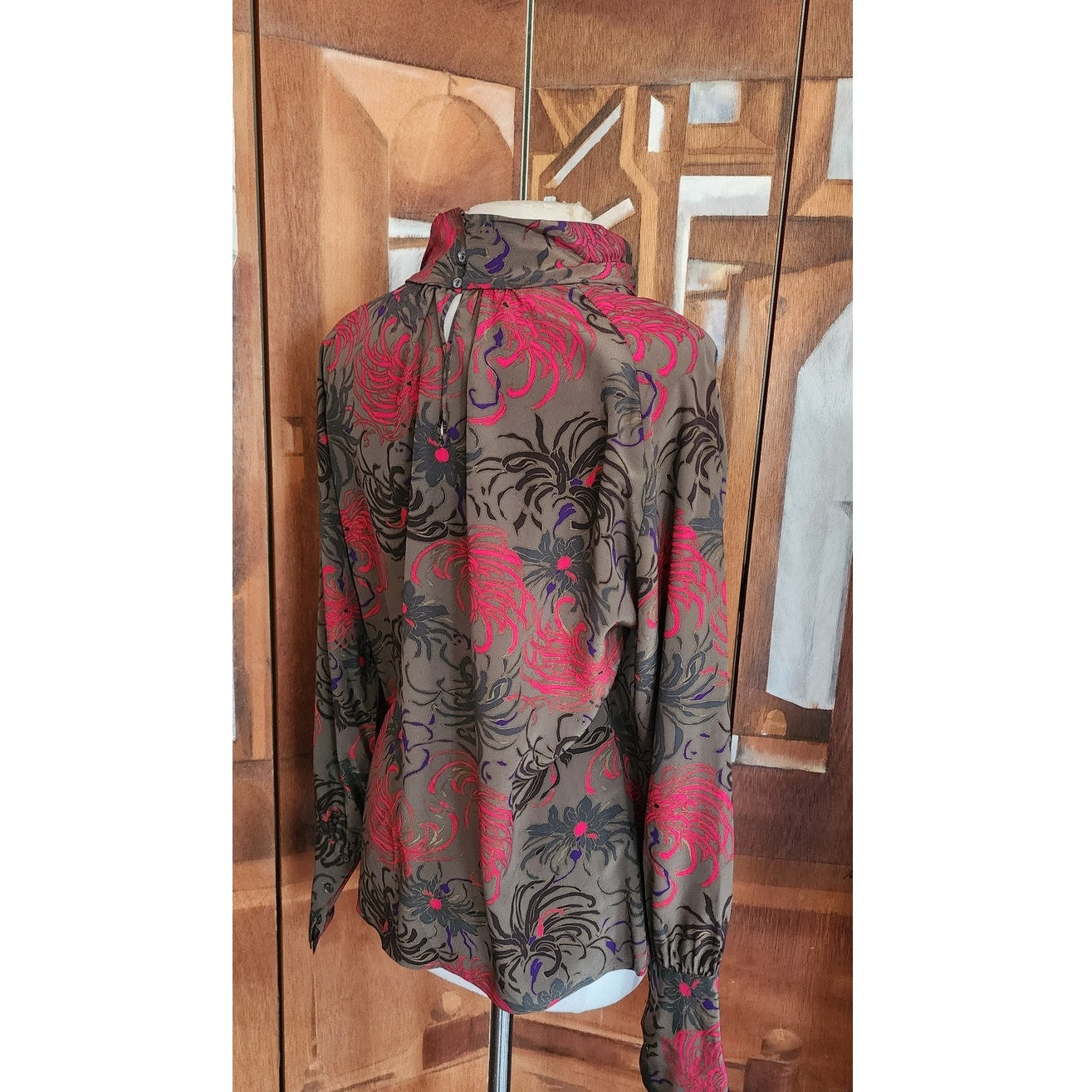 Vintage 80s CHLOE LAGERFELD Blouse Dark Floral Silk Blouse High Neck Long Sleeve