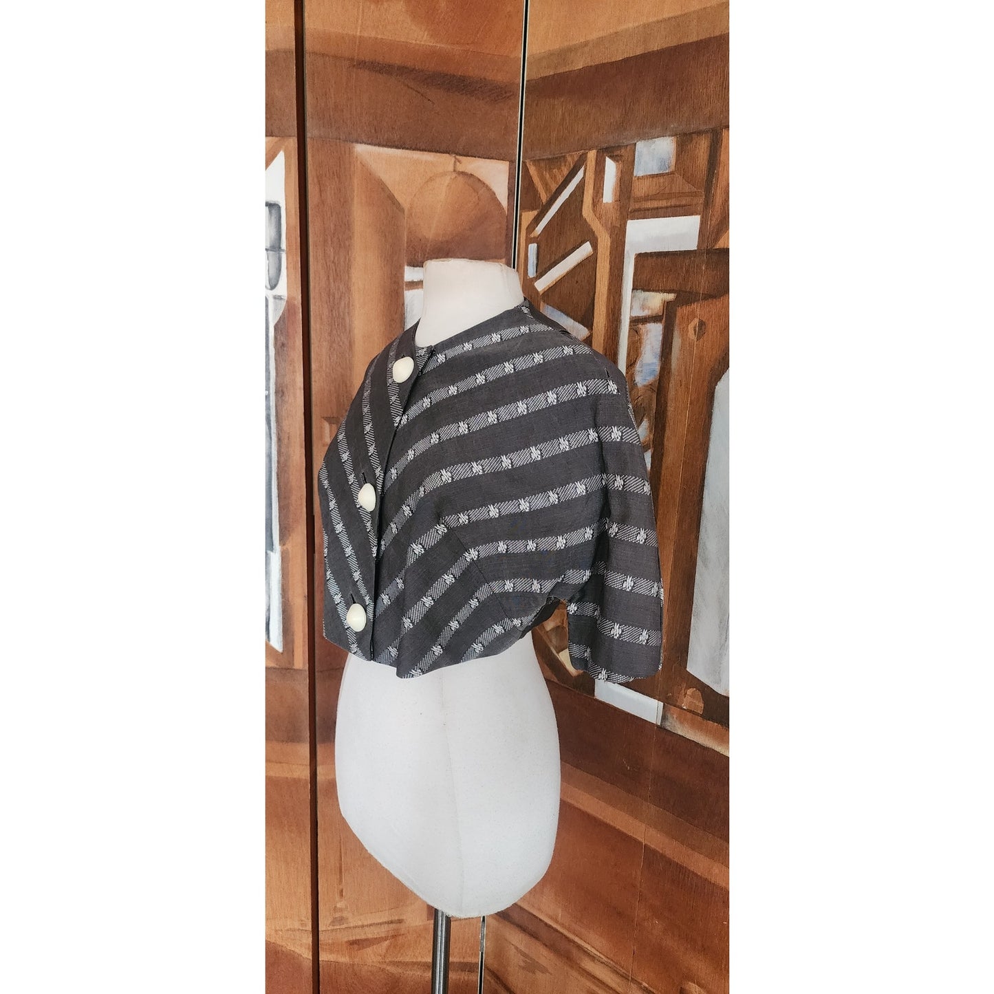 Vintage 50s Cropped Bolero Jacket "Topaz Original" Grey Striped Rockabilly Large