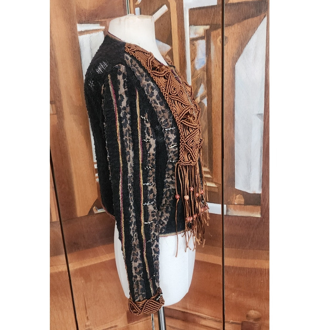 Vintage 90s Sandy Starkman Bohemian Crochet  Embellished Fringe Jacket Art to Wear