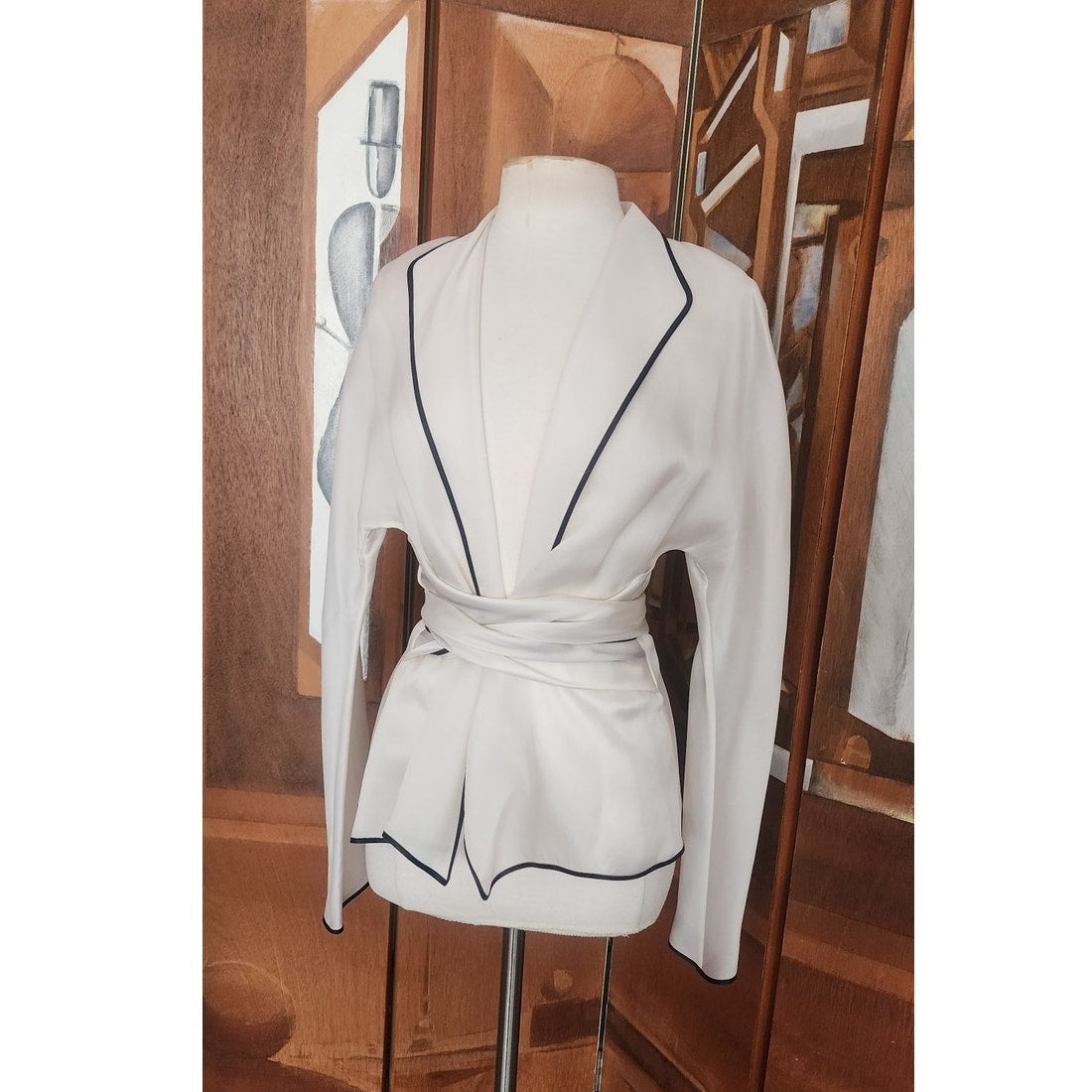 Vintage 1990s Sheer White Blazer w/Black Trim Sash Tie Belt