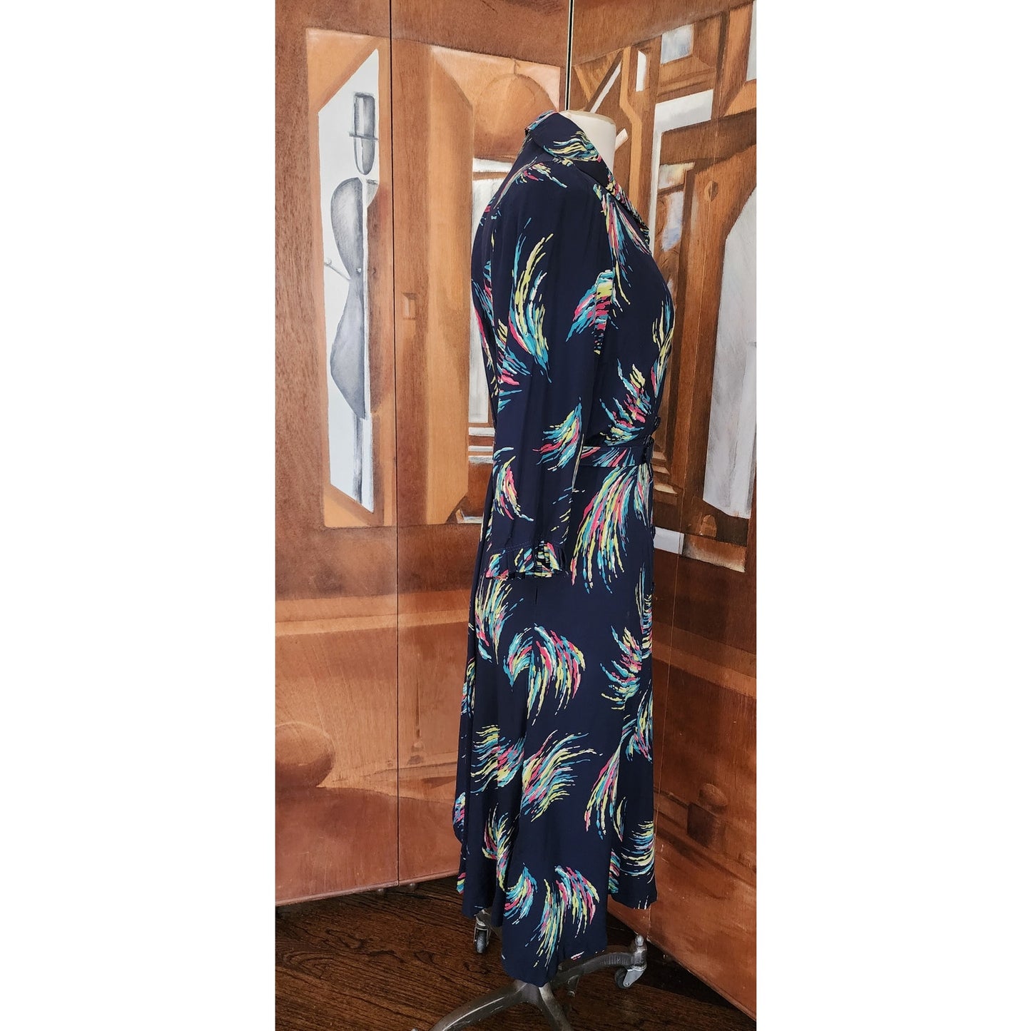 Vintage 40s Rayon Print Midi Dress Navy Blue Painterly Print / S
