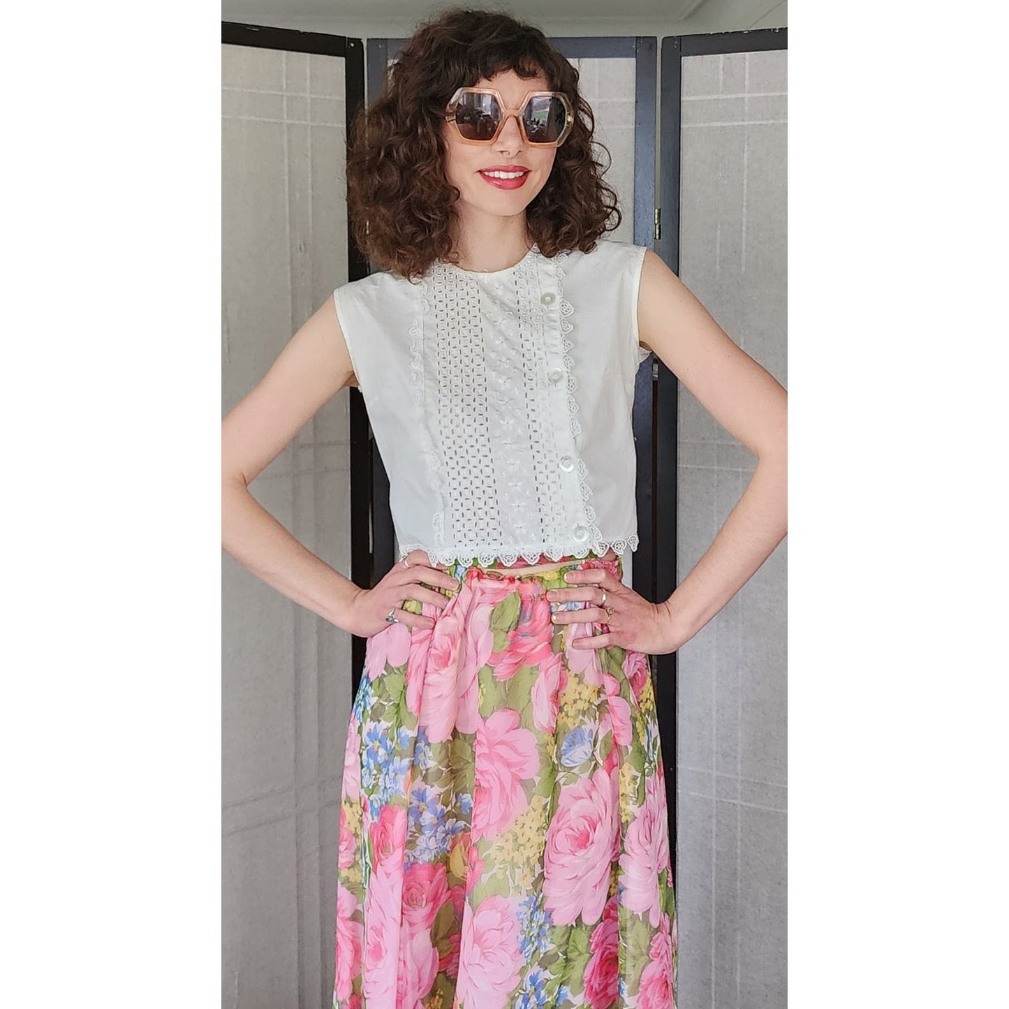 Vintage 50s White Cotton Blouse Eyelet Lace Cropped