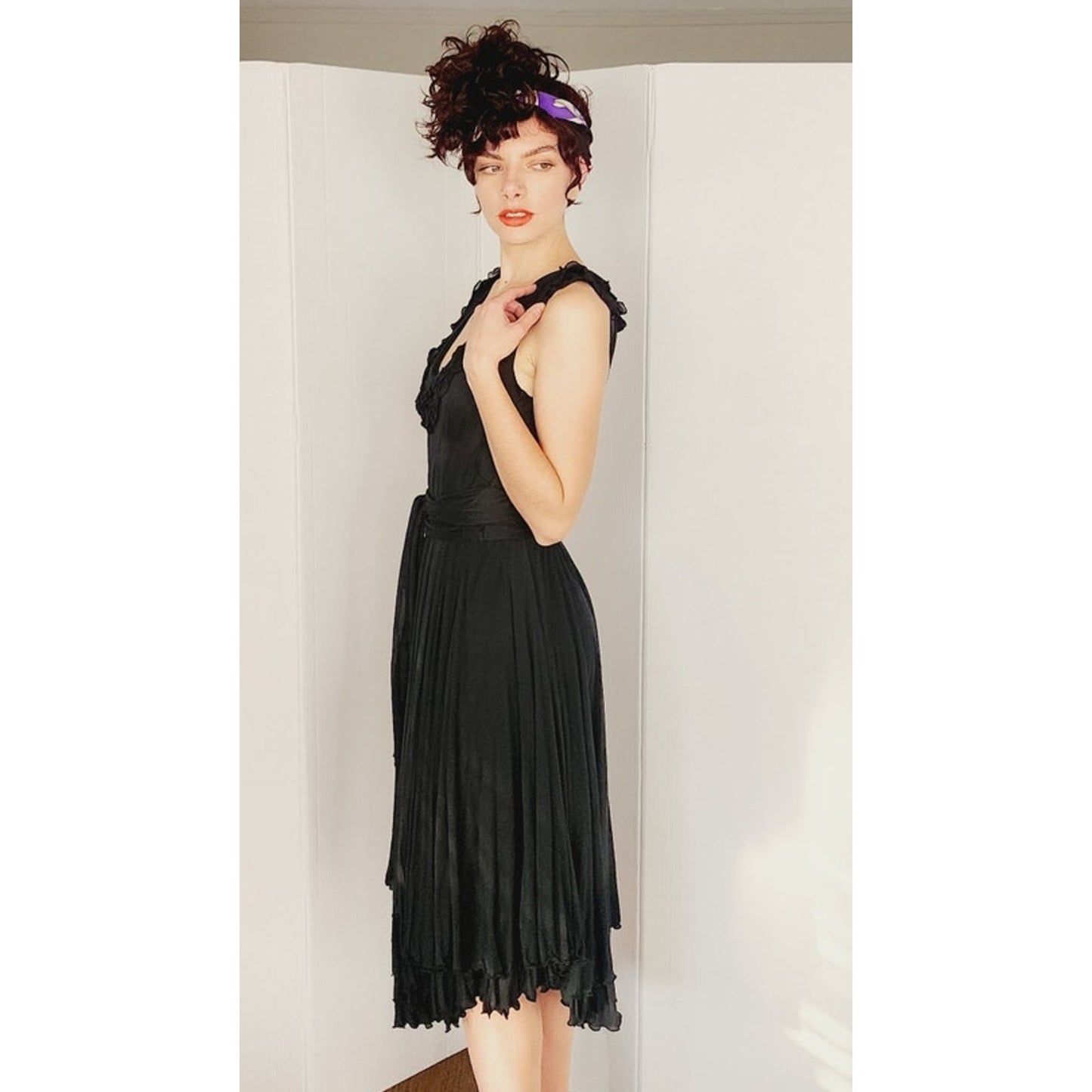 Vintage Y2K Etro Sun Dress Black Cotton w/ Asymmetrical Skirt Medium