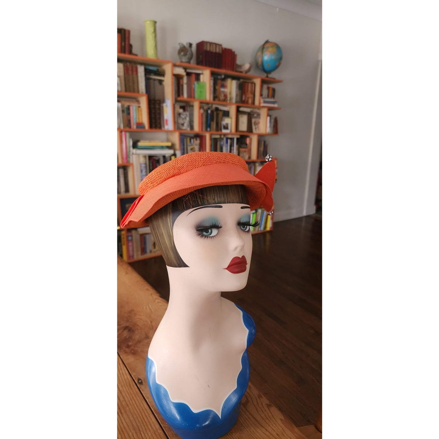 Vintage 50s Orange Straw Cocktail Hat Rhinestones