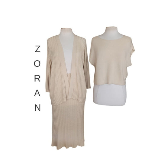 Vintage 1990s Zoran Knit Suit Set Cream Beige Long Cardigan Jacket Skirt Top Minimalist 3 Piece