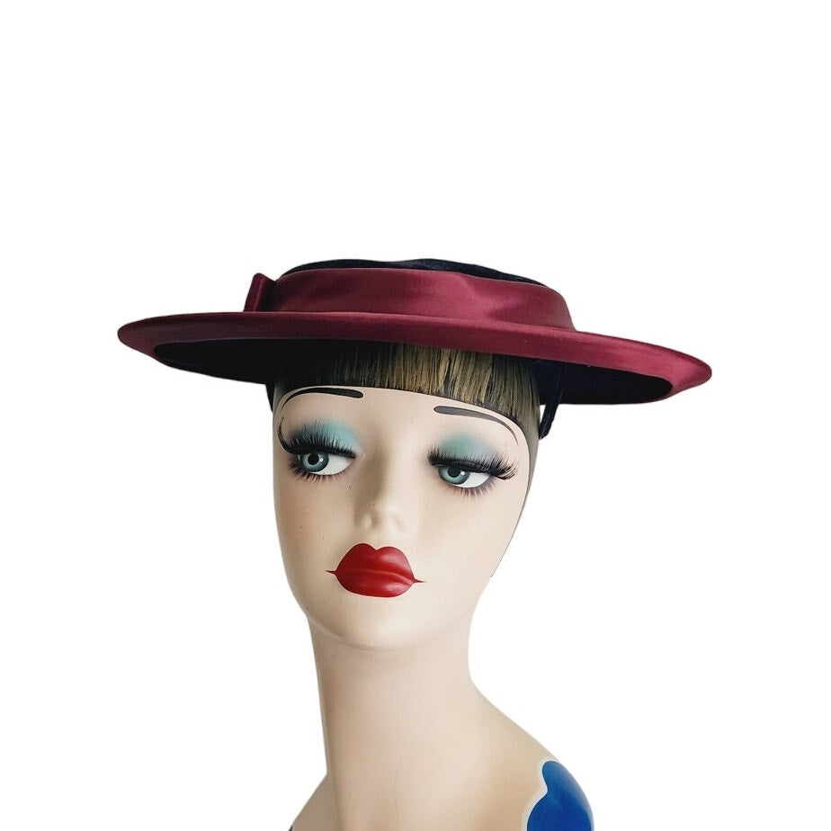 Vintage 50s Saucer Hat Burgundy Red Velet Satin Lytton's