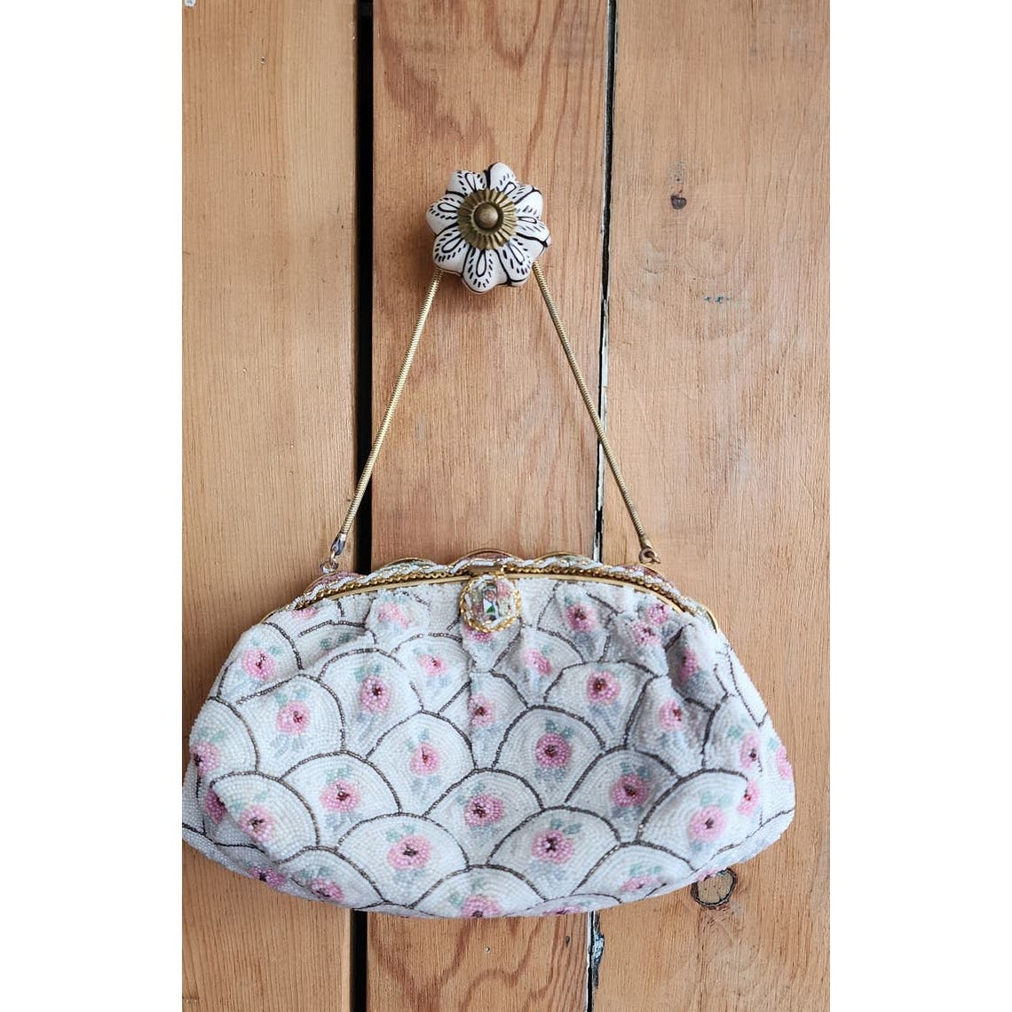 Vintage 50s Beaded Handbag Michel Swiss White Pastel French Purse Microbeading