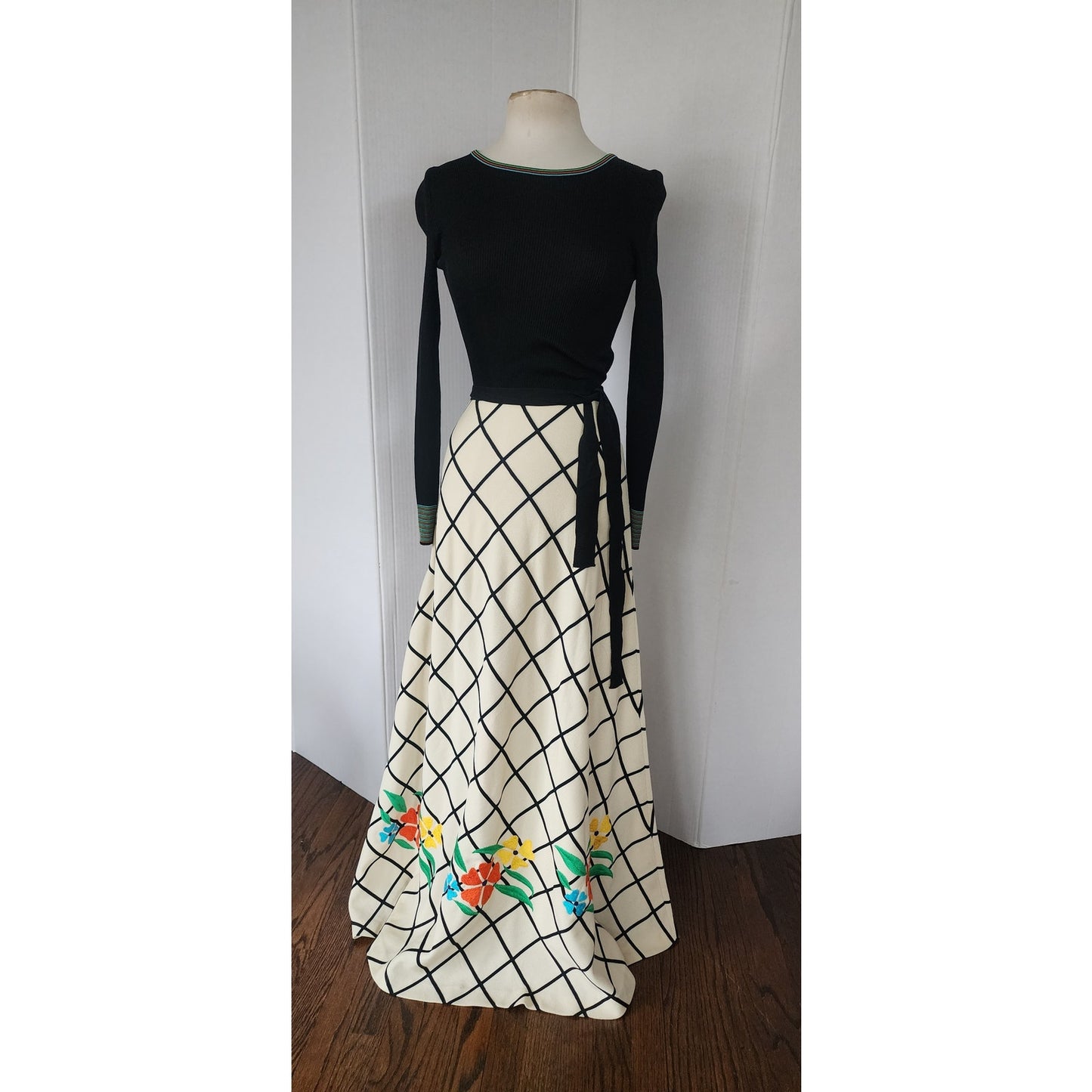 Vintage 70s Boho Maxi Dress Black Knit Top Cream Windowpane Skirt Floral Crissa Italy