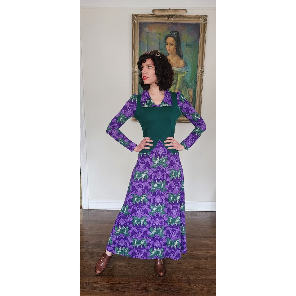 Vintage 70s Maxi Dress Purple & Green French Toile Print Baroque Rococo